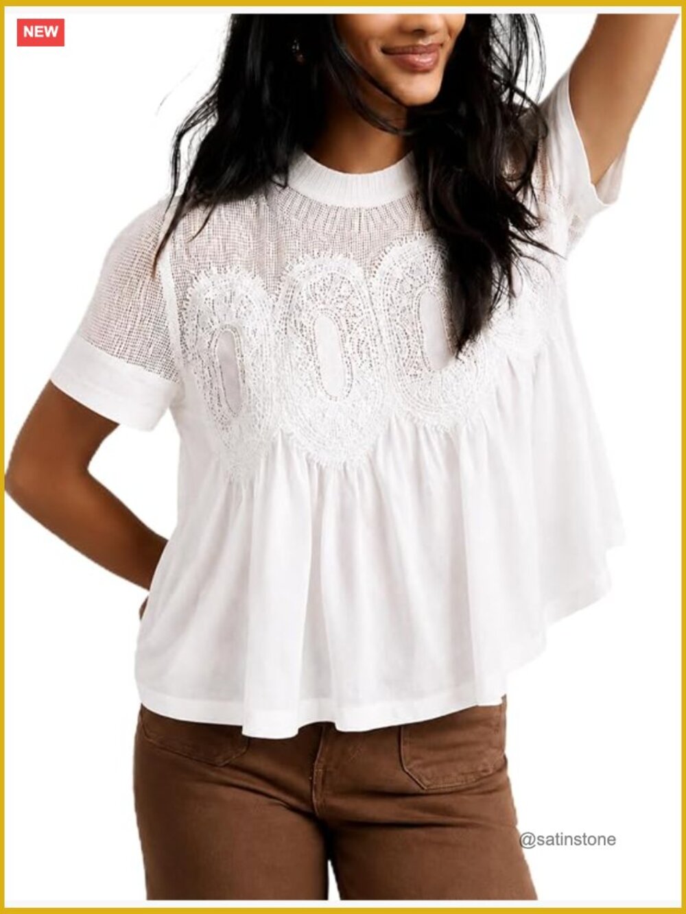 Boho Lace Short Sleeve Blouse Mesh Swing Top Crew Neck Loose Flowy Shirt - Picture 1 of 6